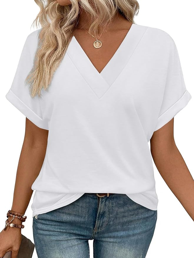 WIHOLL Womens Summer Tops Short Dolman Sleeve Shirts 2025 Fashion V Neck Outfits Clothes       Se... | Amazon (US)