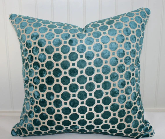 Velvet Teal Geometric Pillow Cover / Designer Robert Allen Upholstery / Custom Handmade Home Deco... | Etsy (US)