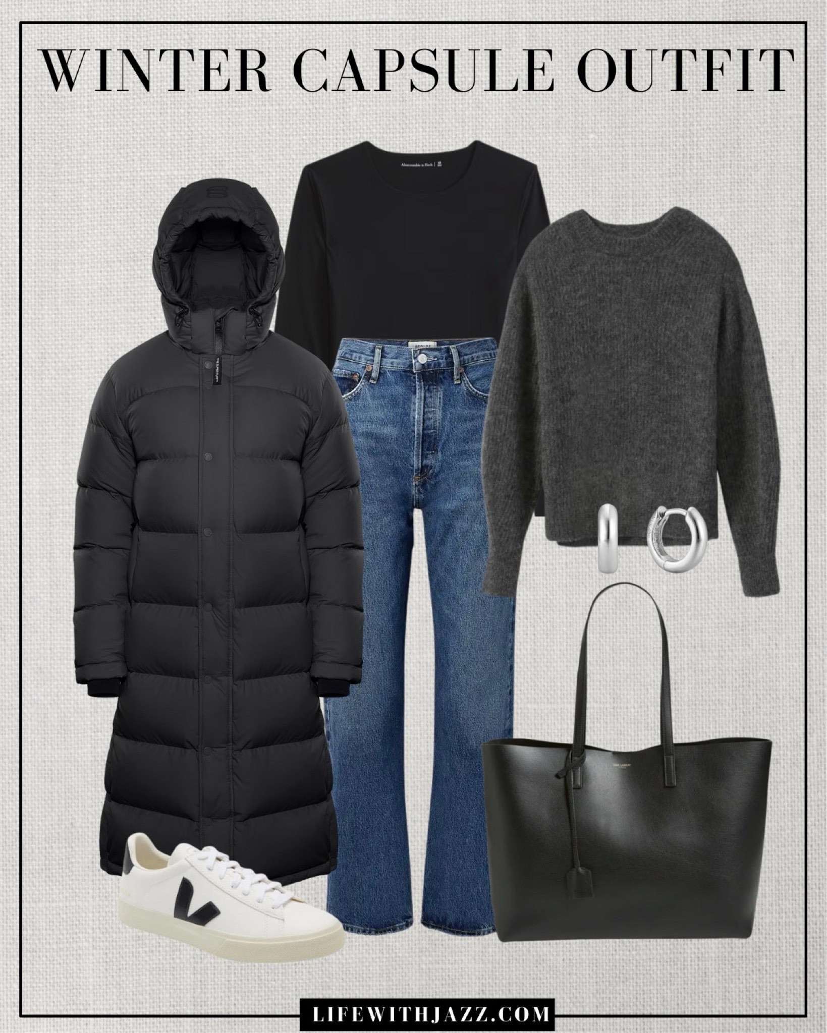 Winter capsule outfit 

Black puffer coat / dark gray sweater / black long sleeve / layering tee / blue ankle jeans / minimal sneakers / Vejas / black tote bag / silver earrings / wc25

#LTKStyleTip #LTKSeasonal