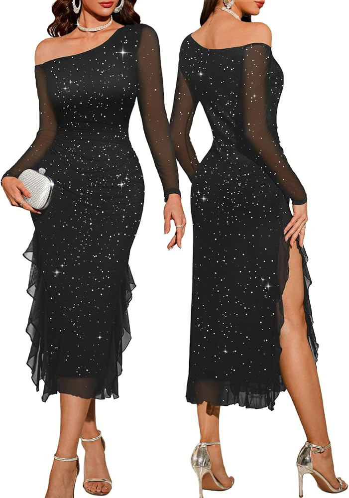 DRESSTELLS Women‘s Long Sleeve One Shoulder Formal Wedding Guest Cocktail Holiday Party Mesh Sp... | Amazon (US)