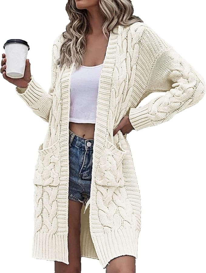 ANDLCUY Women's Open Front Cable Knit Sweater Cardigan Long Sleeve Knitwear Coat with Pockets at ... | Amazon (US)