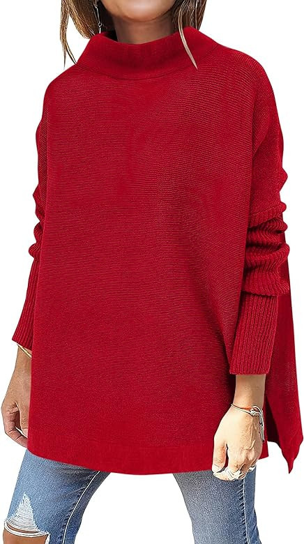ANRABESS Women's Turtleneck Oversized Long Batwing Sleeve High Low Spilt Hem Knit Pullover Sweate... | Amazon (US)