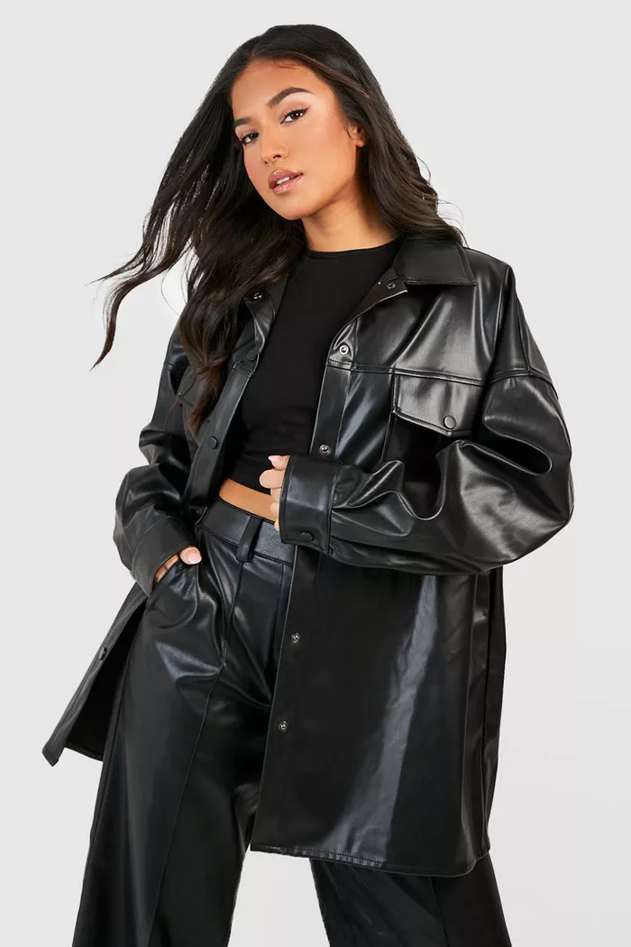 Petite Faux Leather Oversized Shacket | boohoo (US & Canada)