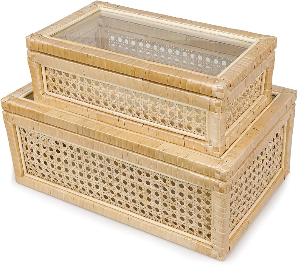 POPRHINO Rattan Decorative Box with Glass Lids, Rectangular Decorative Boxes for Home Décor, Rat... | Amazon (US)