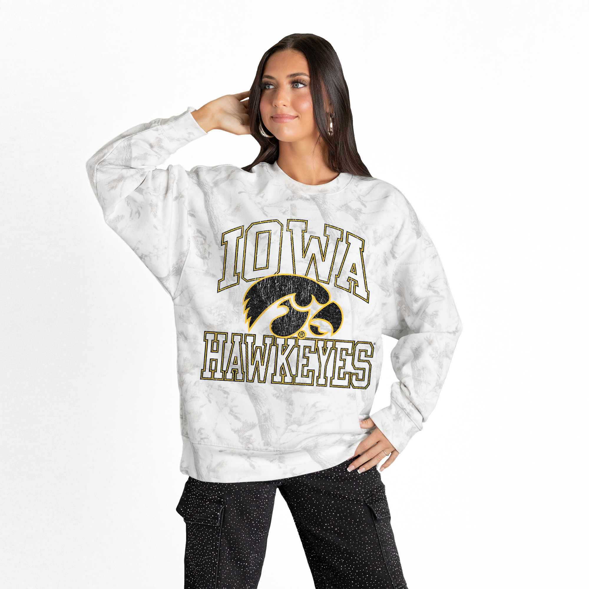 Women's Gameday Couture Ash Iowa Hawkeyes Whiteout Premium Fleece Camo Sweatshirt | Fanatics