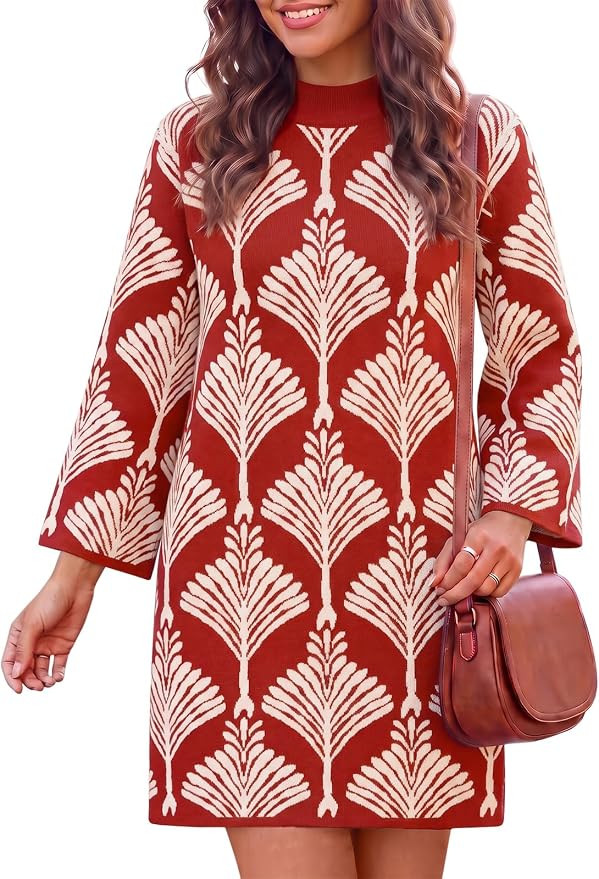 Wenrine Womens Sweater Dress Mock Neck Bell Sleeve Floral Knit Mini Dresses | Amazon (US)