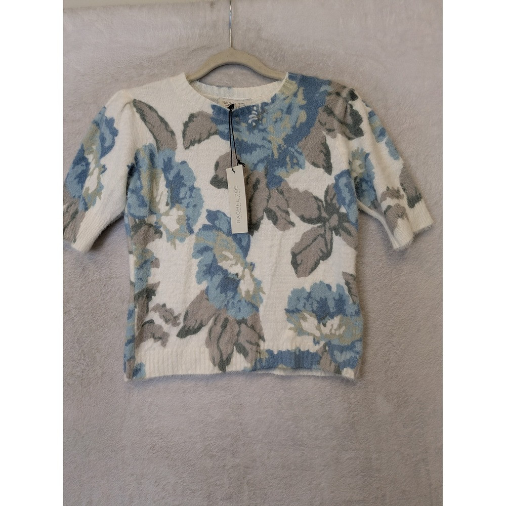 NEW Rachel Zoe Sweater Women's XS White Blue Floral Short Sleeve Fuzzy Puff | Poshmark