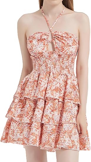 Womens Floral Mini Dress Preppy Smocked Waist Halter Criss Cross Tiered Hem Backless A Line Short... | Amazon (US)