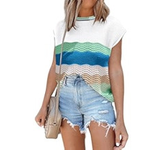 Womens Cap Sleeve Sweater Vest Summer Tops Sleeveless Tank Tops 2024 Trendy Spring Clothes Stripe... | Amazon (US)