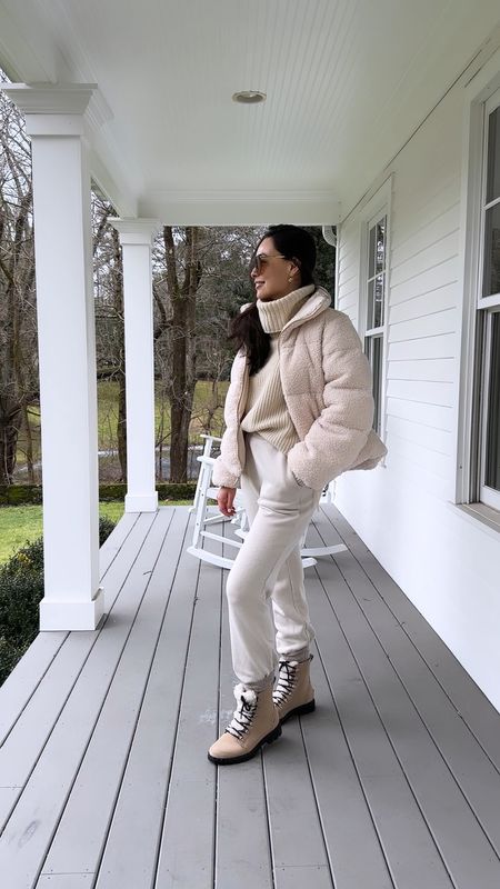 Kat Jamieson wears a cozy winter outfit in Connecticut. Puffer jacket, jogger pants, joggers, sweatpants, snow boots, winter boots, winter outfits, winter outfit, turtleneck. Turtleneck is old from Longchamp, pants are old from Nordstrom Treasure and Bond.

#LTKSeasonal #LTKshoecrush #LTKstyletip