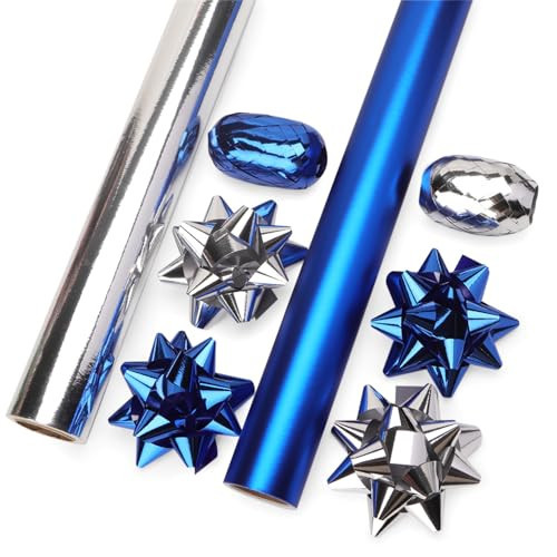 Ribbli Birthday Wrapping Paper Set, 2 Rolls Blue and Silver Metallic Solid Color Paper with Curling Ribbon and Gift Bow for Christmas, Mini Roll 17 Inch x 197 Inch(16 Feet) Per roll | Amazon (US)