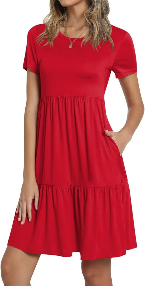 TAOHUADAO Women's Short Sleeve T-Shirt Dresses Casual Ruffle Swing Dress with Pockets | Amazon (US)