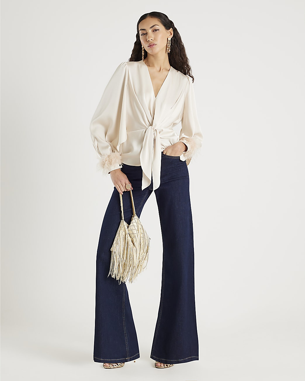 Cream Satin Knot Front Feather Cuff Top | River Island UK & IE