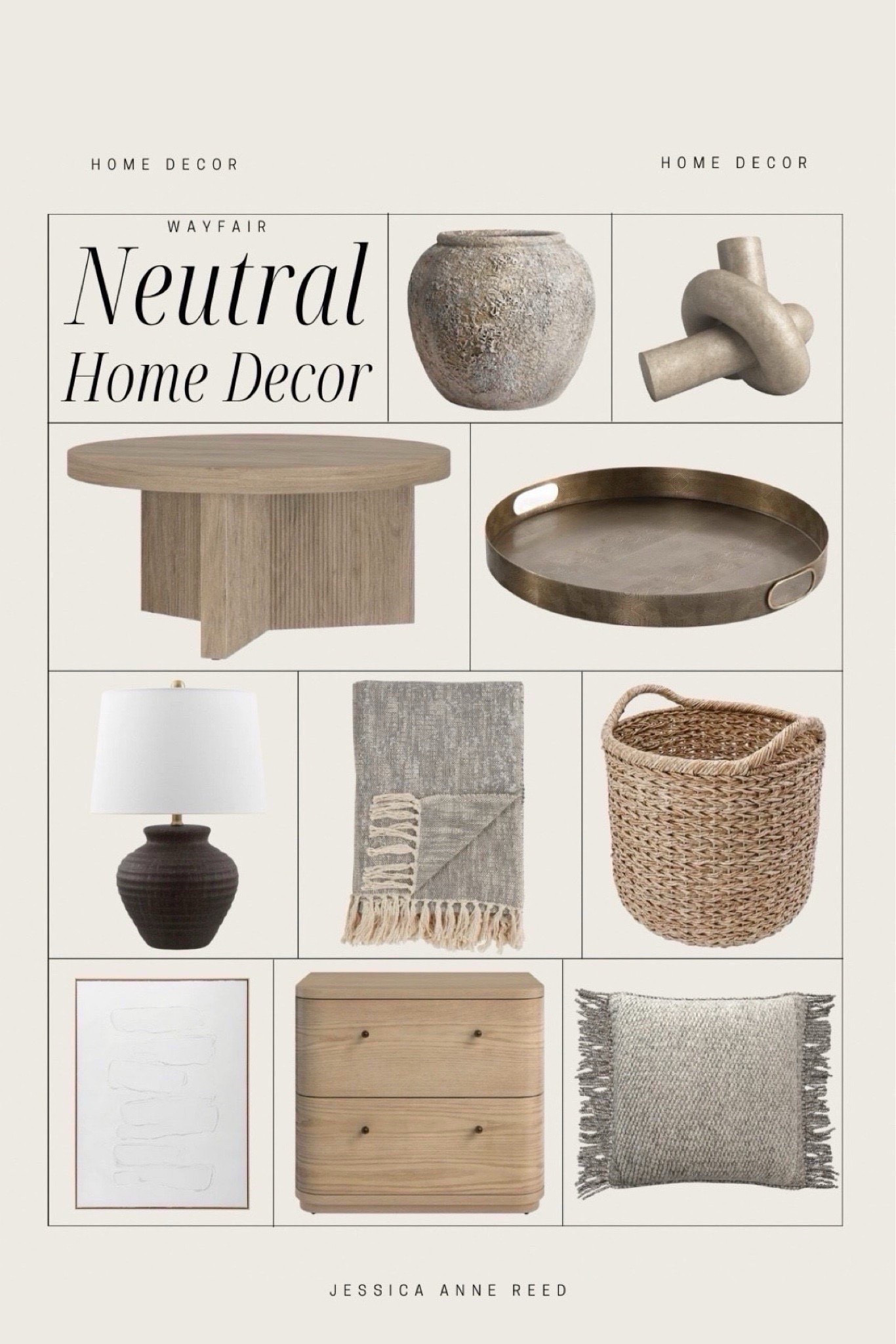 Neutral home decor from Wayfair include vase, knot decor, tray, coffee table, table lamp, throw blanket, basket, pillow, nightstand, and wall art. 

Home decor, neutral home decor, home accents, winter home decorr 
@Wayfair 

 #LTKHome #LTKSaleAlert