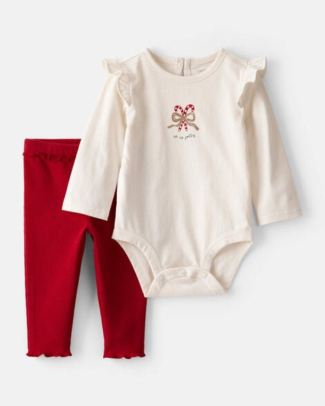 Baby Girl 2-Piece Candy Cane Ruffle Bodysuit & Pant Set - Cream/Red | Carter's Inc
