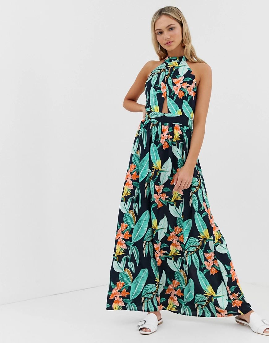 QED London high neck tie back maxi dress in floral print-Multi | ASOS (Global)
