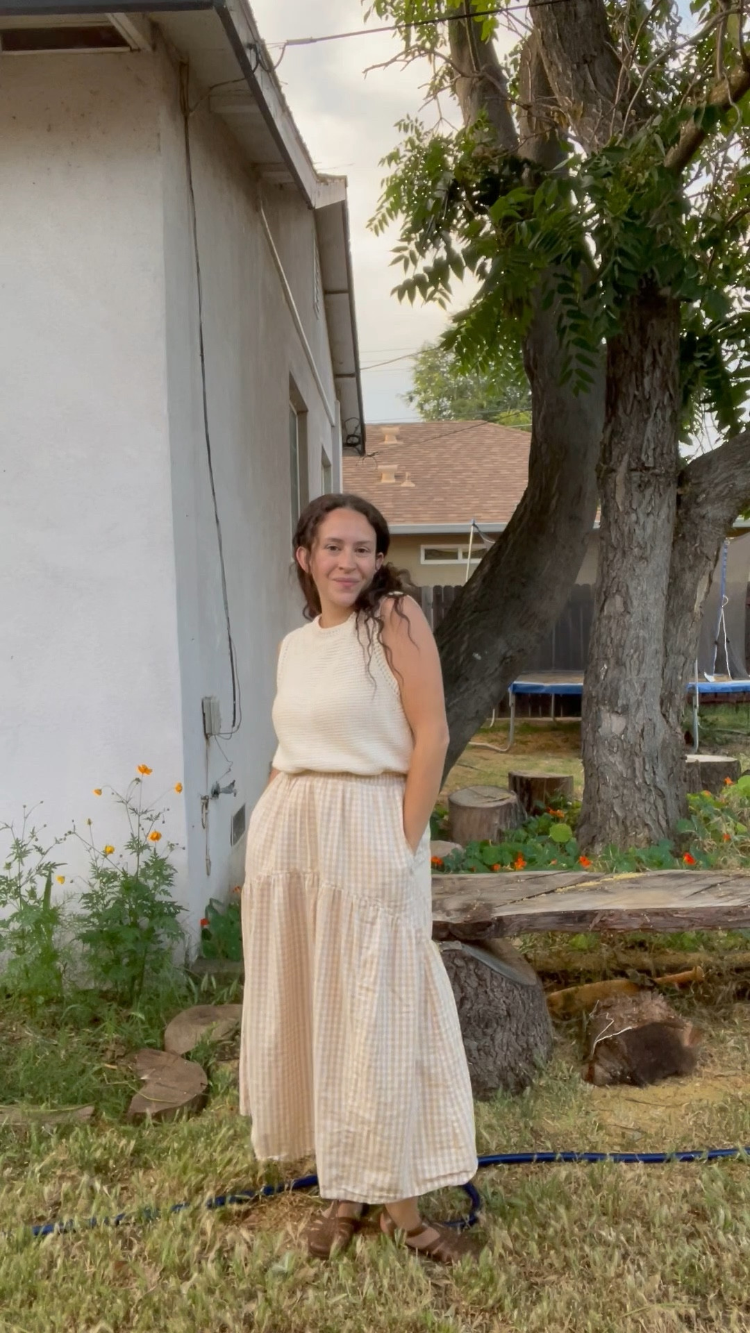 an end of day outfit check feat my go-to sweater tank from everlane and gingham checked skirt. a neutral yet textured and visually interesting look 🤎

#LTKPetite #LTKSummerEdit #LTKShoeCrush