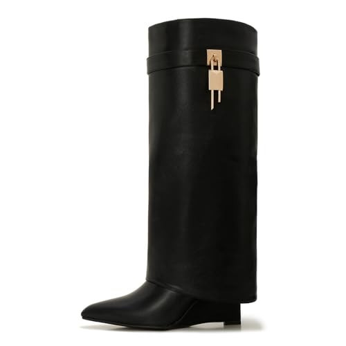 Aizhenzm Women's Wide Calf Shark Boots - Black Fold Over Knee High Leather Boots with Side Zipper and Lock Buckle, Low Wedge Heel Winter Style Size 8 | Amazon (US)