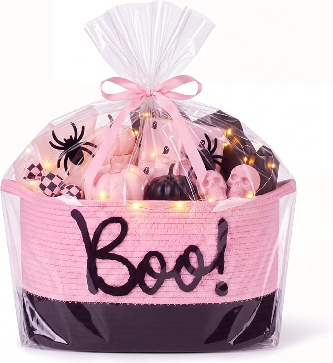 Colingmill Halloween Boo Basket Pink Empty with Tissue Ribbon LED Storage | Amazon (US)