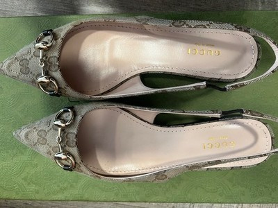 Gucci GG Canvas  Horsebit Slingback Kitten  Beige Size 6.5 with Box Authentic | eBay UK