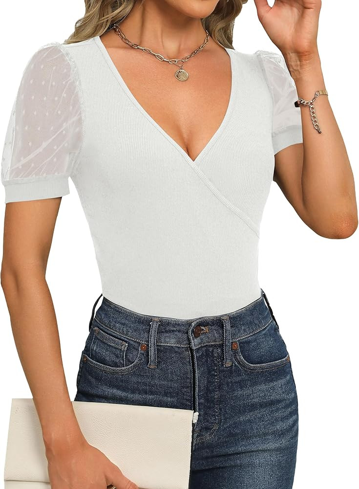 Fayenne Womens Tops Deep V Neck Cross Wrap Sexy Tops Polka Dot Mesh Short Sleeve T Shirt Casual B... | Amazon (US)