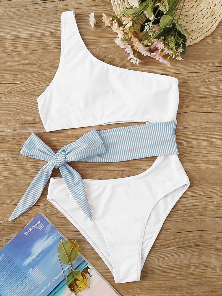 Striped Tie Waist One Shoulder One Piece Swimsuit | SHEIN
