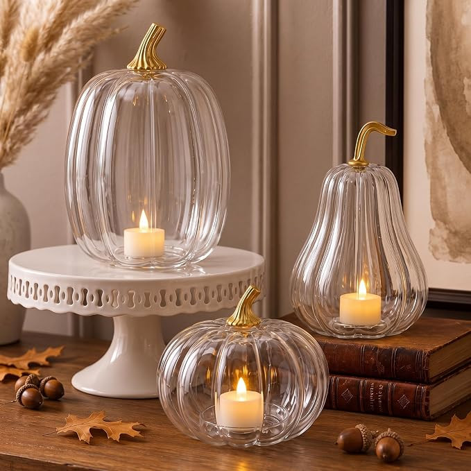 Yungyan Set of 3 Glass Pumpkin Fall Decor Table Centerpiece, Clear | Amazon (US)