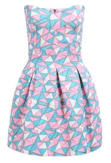Pink Strapless Argyle Triangle Geometric Print Flare Dress | SHEIN