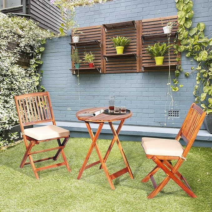 ORALNER 3-Piece Acacia Wood Folding Patio Bistro Set, Small Outdoor Balcony Furniture, Round Coff... | Amazon (US)