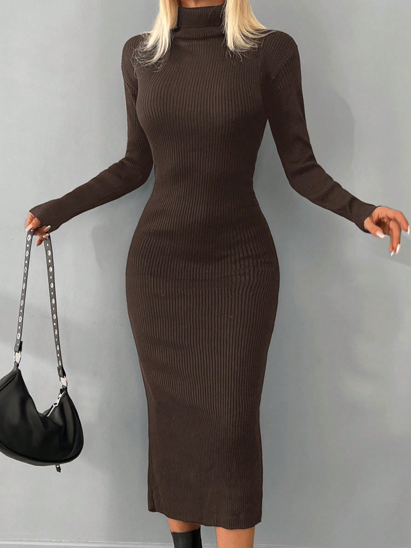 Turtleneck Ribbed Knit Bodycon Sweater Dress | SHEIN
