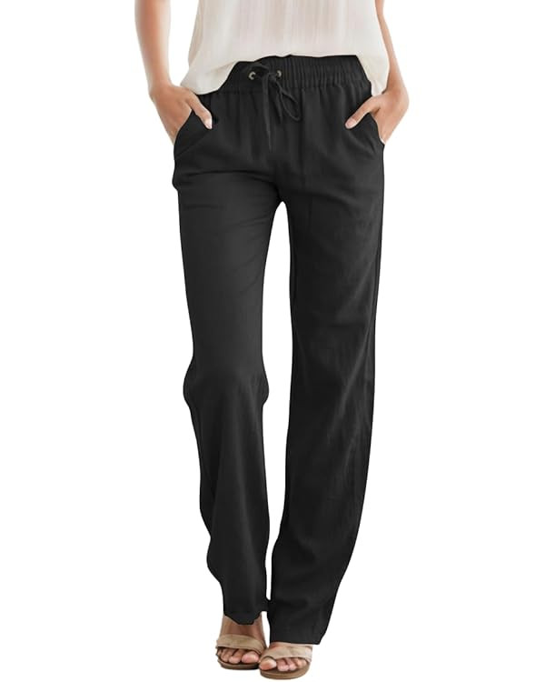 SEMARO Womens Casual Linen High Waist Pants Drawstring Loose Fit Summer Pants Trousers with Side ... | Amazon (US)