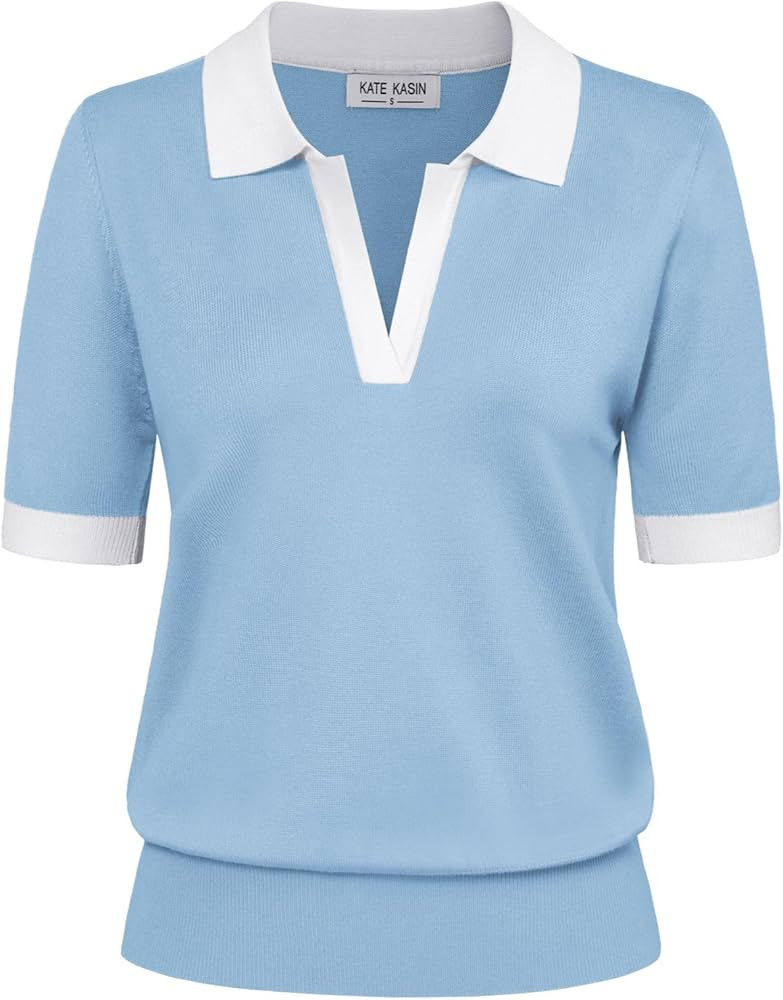 Kate Kasin Women Short Sleeve Polo Sweater V Neck Knitted Tops Casual Ribbed Shirt Loose Pullover... | Amazon (US)