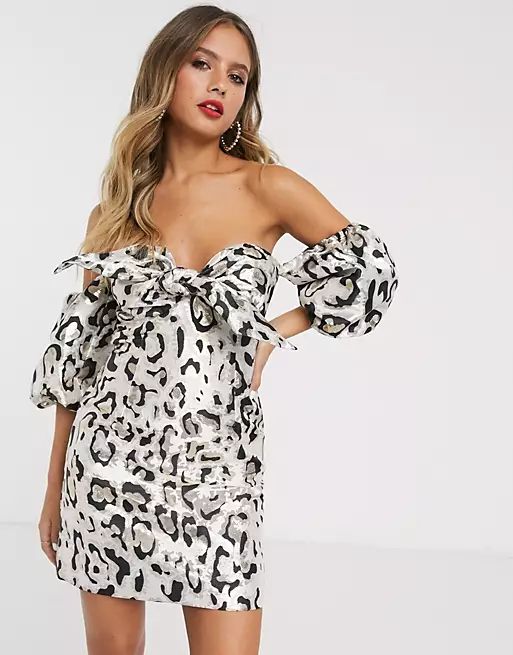 Bardot off the shoulder puff sleeve mini dress in leopard print | ASOS (Global)