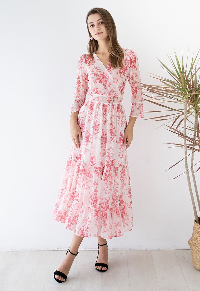 Flounced Cuffs Floral Print Chiffon Wrap Dress | Chicwish