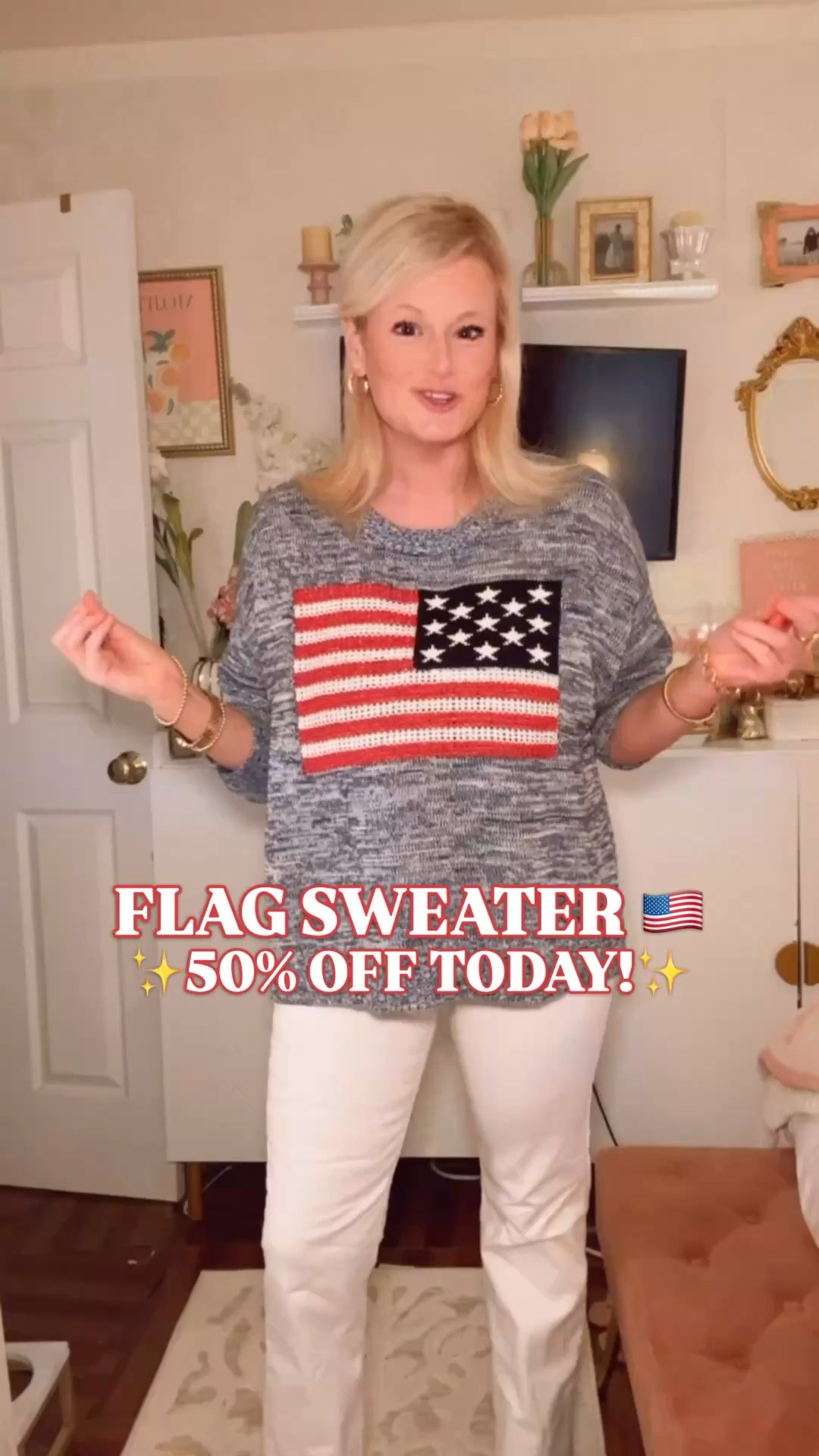Ralph Lauren flag sweater look for less | Old Navy flag sweater | Fourth of July outfit | Americana style | summer sweater

The flag sweater you buy for Fourth of July and keep wearing long after the fireworks are over.

This Old Navy flag sweater is 50% off today, 100% cotton, machine washable, and gives that classic Ralph Lauren Americana sweater look for way less. The soft blue knit, American flag graphic, relaxed fit, crew neckline, long sleeves, and easy throw-on shape make it feel like a coastal summer piece you’ll reach for every year.

I sized up to a large for a roomier fit.

It works for Fourth of July outfits, fireworks, lake weekends, boat days, beach nights, cookouts, summer travel, New England summer outfits, East Coast summer style, coastal vacations, casual red white and blue outfits, and early fall weekends when you want that broken-in cotton sweater feel.

Wear it with white jeans, denim shorts, linen pants, light wash denim, over a swimsuit, tied over your shoulders, or with sandals and gold jewelry for an easy Americana outfit. 

If you love Ralph Lauren style, classic flag sweaters, preppy summer outfits, coastal style, Old Navy finds, affordable cotton sweaters, and designer looks for less, this is the sale sweater to cart while it is 50% off.

Ralph Lauren flag sweater look for less, Ralph Lauren inspired sweater, Old Navy flag sweater, Old Navy sweater, Old Navy finds, flag sweater women, American flag sweater, Americana sweater, Americana style, Fourth of July outfit, 4th of July outfit women, July 4th outfit, red white and blue outfit, patriotic outfit women, cotton sweater, 100 cotton sweater, summer sweater, coastal sweater, beach sweater, lake weekend outfit, boat outfit, New England summer outfit, East Coast summer outfit, preppy summer outfit, designer look for less

#LTKFindsUnder50 #OldNavy #RalphLauren #PreppyStyle #LookForLess #FlagSweater #SummerOutfits

#LTKTravel #LTKSaleAlert #LTKSeasonal