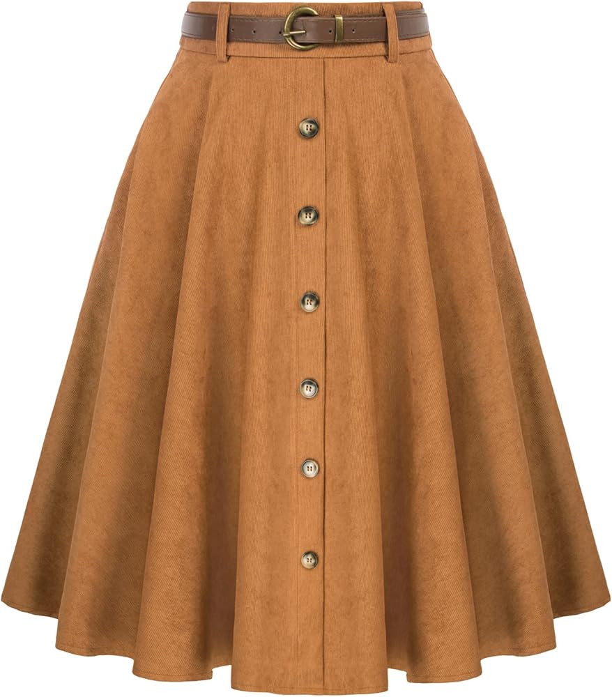 Belle Poque Women's Vintage Stretch High Waist A-Line Flared Midi Skirts with Pockets & Belts | Amazon (US)
