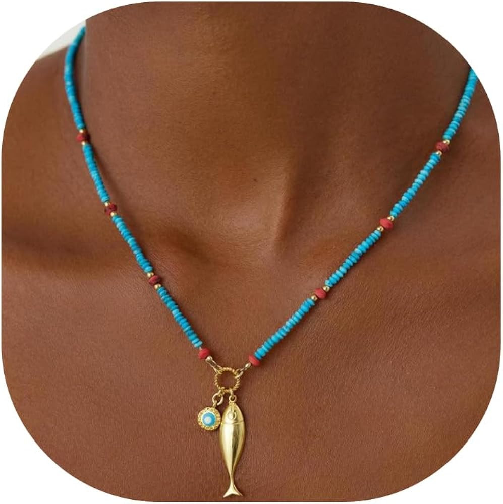 Fish Necklace for Women Handmade Beaded Y Pendant Necklace Colorful Summer Beach Boho Layering Ch... | Amazon (US)