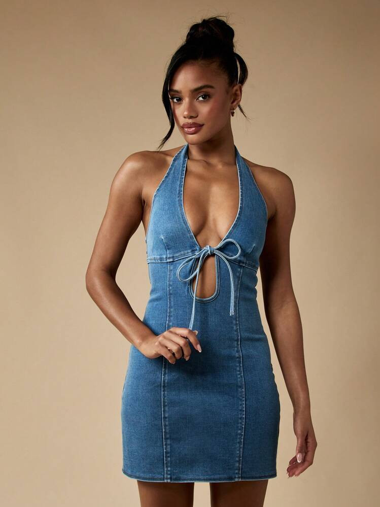 MISSGUIDED Denim Halter Neck Mini Dress With Front Keyhole Cut Out Tie Detail Summer Party Club F... | SHEIN