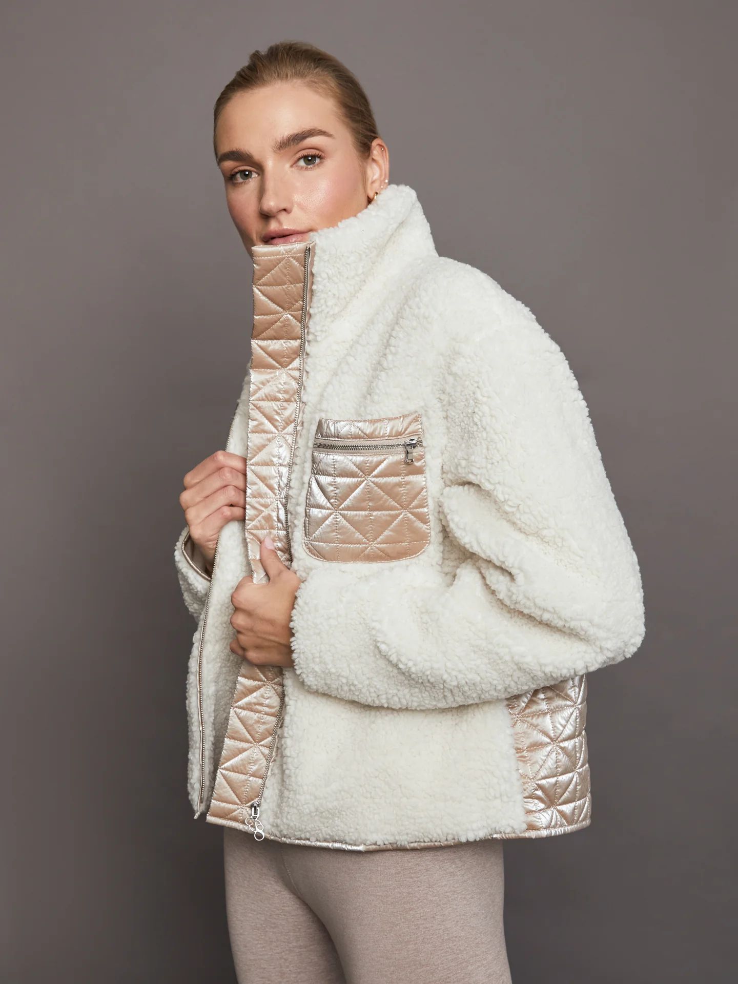 Metallic Sherpa Jacket - Oatmeal with Rose Gold Foil | Carbon38