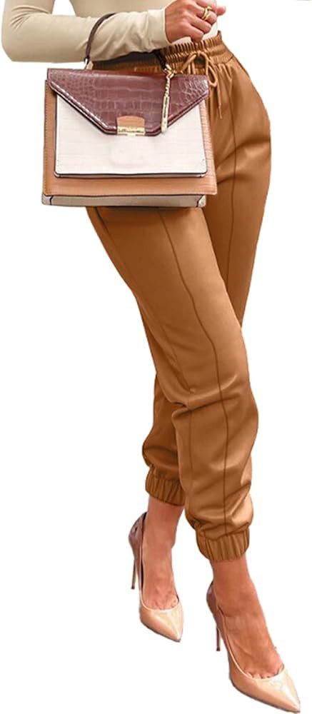 Tcremisa Women's Faux Leather Pants Drawstring Elastic High Waist Joggers Casual Loose Trousers w... | Amazon (US)