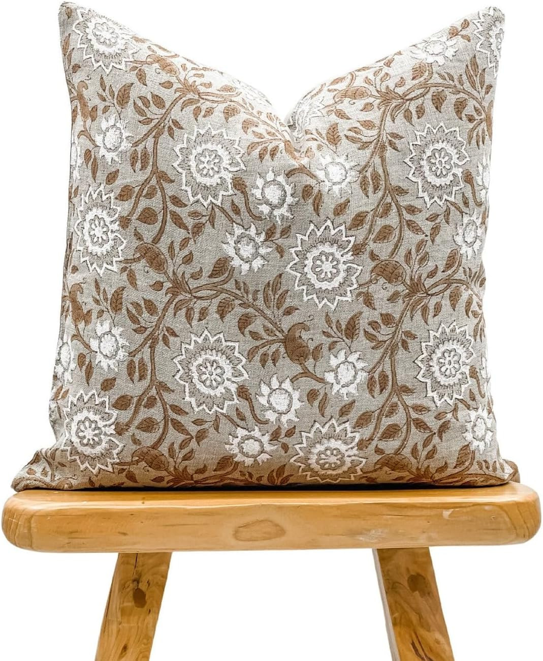 Designer Tan Beige Floral Design on Natural Linen Pillow Cover, Beige and White Pillow Cover, Boh... | Amazon (US)
