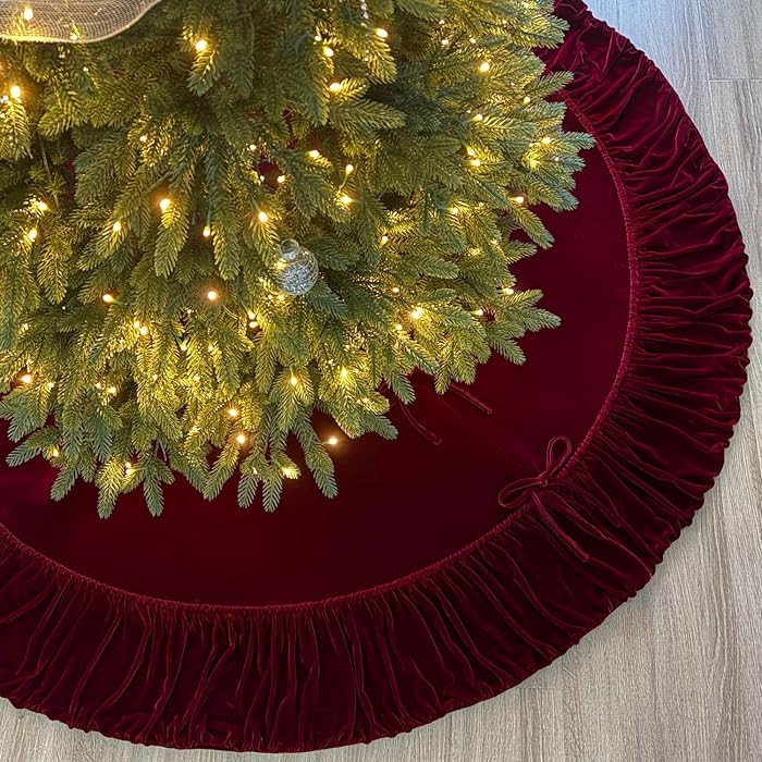 72-Inch Ruffled Velvet Christmas Tree Skirt with Foam Padding, Nylon Backing and Lace-Up Tie Clos... | Amazon (US)