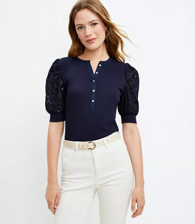 Eyelet Sleeve Henley Top | LOFT