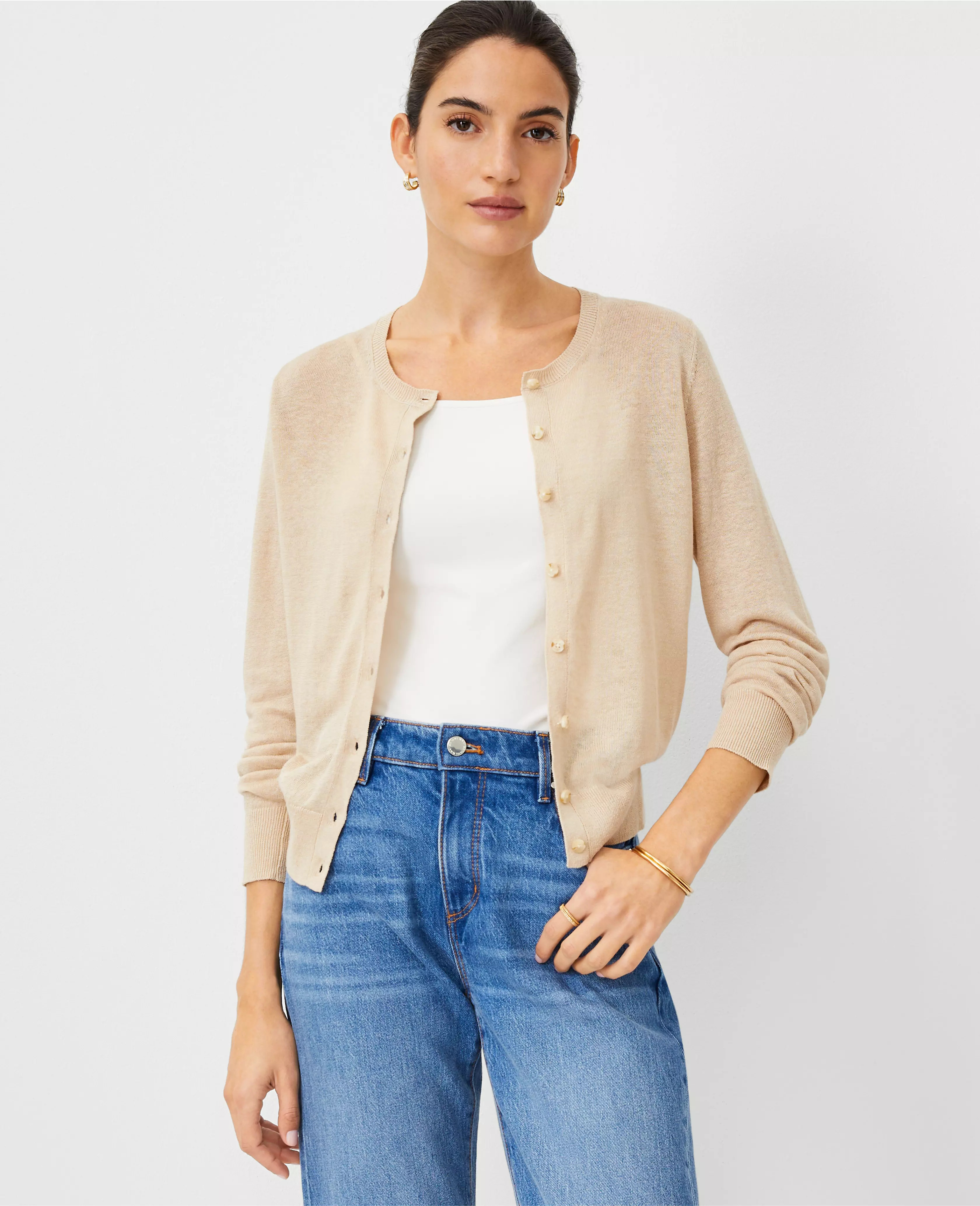 Linen Blend Cropped Ann Cardigan | Ann Taylor (US)