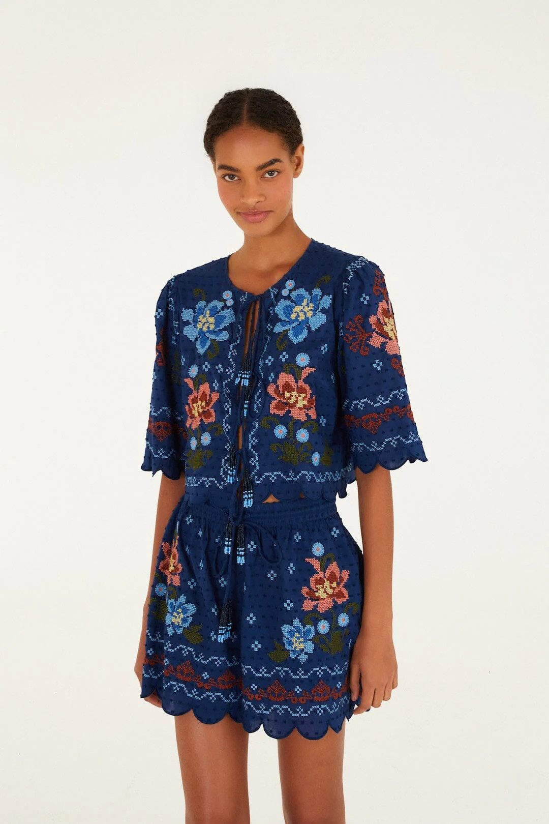 Dark Blue Stitched Garden Blouse, STITCHED GARDEN DARK BLUE / XS | FarmRio (US)