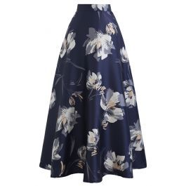 Blooming Floral Jacquard Maxi Skirt in Navy | Chicwish
