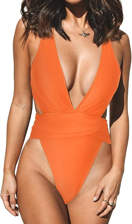 CUPSHE One Piece Swimsuit for Women Bathing Suit Cut Out Cross Back Tie Deep V Neck Ruched High C... | Amazon (US)
