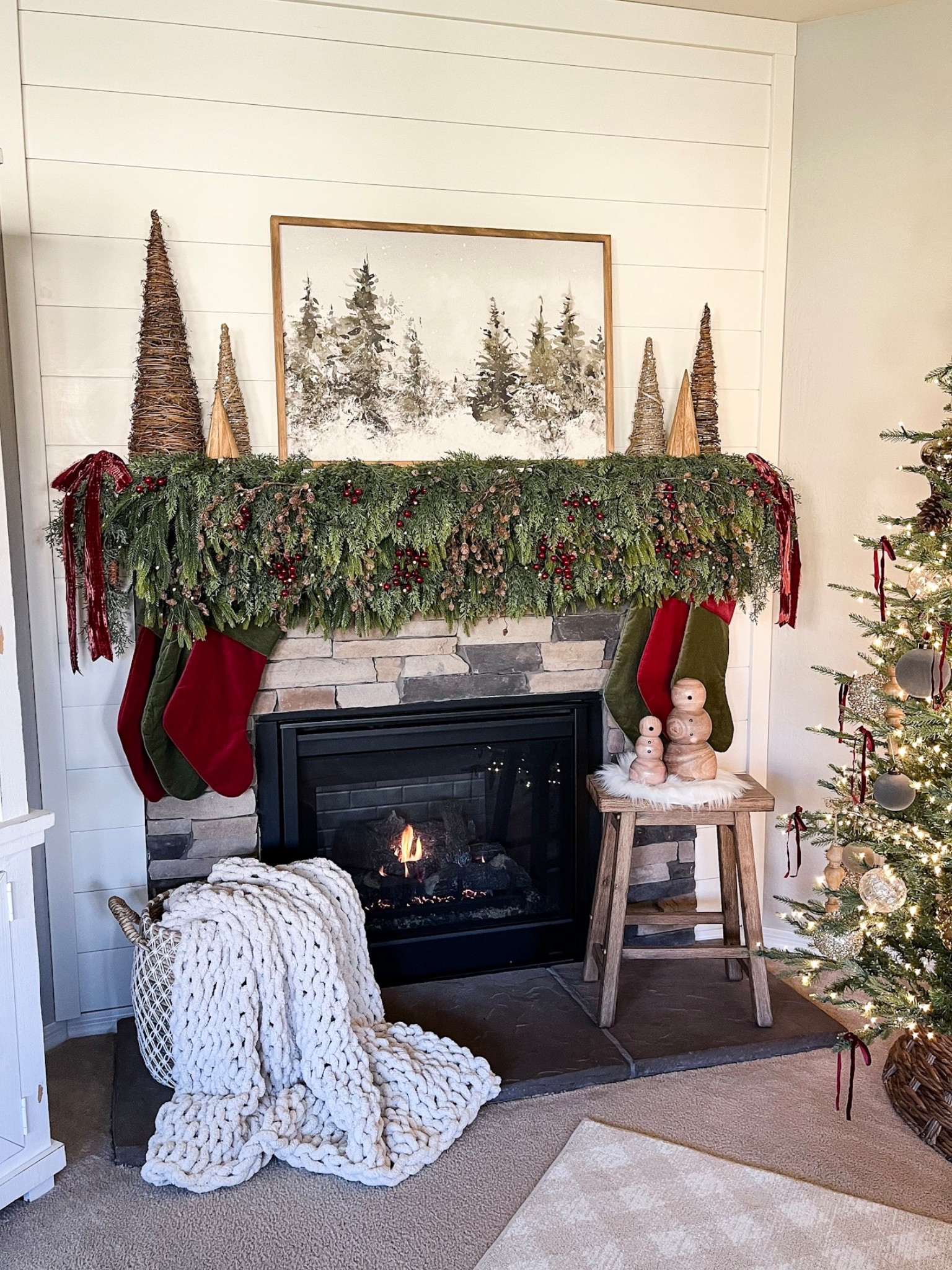 Christmas mantel!  Follow @lifeinmyarizonahome on Instagram for more holiday ideas and inspiration. 

This might be my favorite mantel yet with full layers of mixed greenery, pine cone stems, and red berries. This gives me the lush forest look I was going for that coordinates so well with the winter forest canvas above. 

Details:
6’ Norfolk garland x 2
6’ cedar garland x2
Draping pine stems x4
Mini pinecone stems x8
Dark red berry stems cut into sprigs 
Red velvet ribbon tied at each end
Red and green velvet stockings 
Winter forest canvas in the 36x24 size with the medium brown frame 
Wood and woven trees on each side  

#manteldecor #christmasmantel #christmasdecor #christmasgarland #holidaystyling



#LTKHoliday #LTKSeasonal #LTKHome