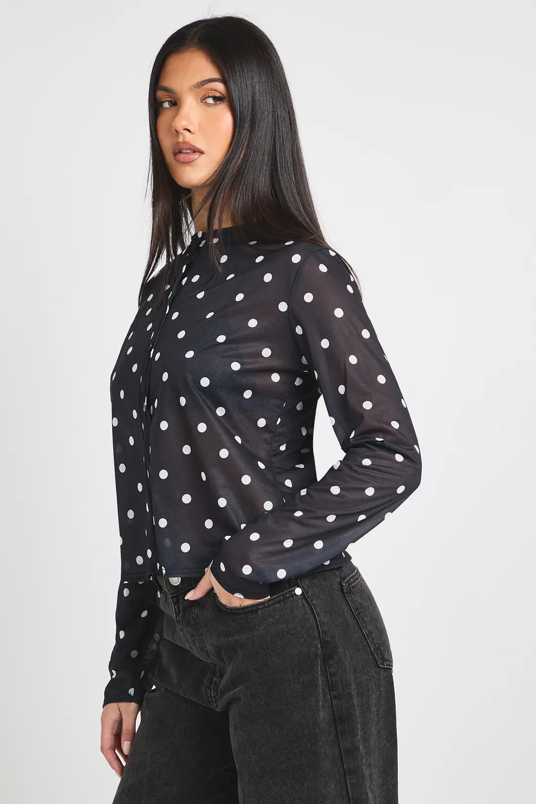Black/White Polka Dot Print Mesh Button Through Top | Boohoo USA | boohoo (US & Canada)