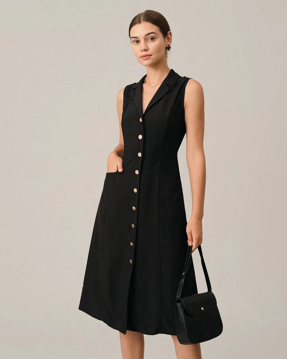 The Black V-Neck Tunic Midi Dress - Black V Neck Sleeveless Solid Midi Dress - Black - Dresses | ... | rihoas.com